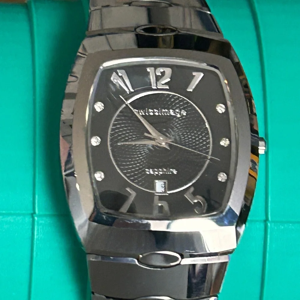 Swissimage H281M Mens Swiss Quartz Watch Black Dial Tungsten Bezel Sapphire 34mm